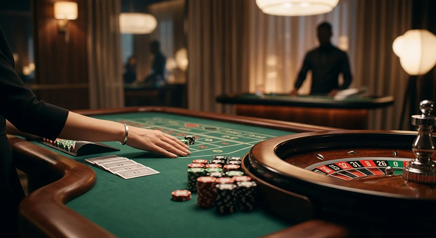 Ilustracja stołu live casino z kartami i kołem ruletki